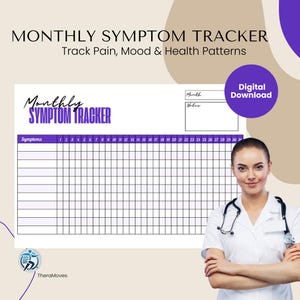Könnte beinhalten: Digitaler Download eines monatlichen Symptom-Trackers mit dem Text "Monthly Symptom Tracker" und "Track Pain, Mood & Health Patterns". Der Tracker enthält ein Raster zur Verfolgung von Symptomen und einen Bereich für Notizen. Eine Frau in einem weißen Kittel und Stethoskop ist im Bild.
