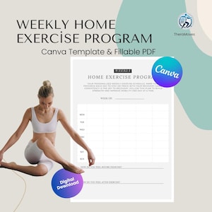 Könnte beinhalten: Digitaler Download einer wöchentlichen Heimtrainingsprogrammvorlage und eines ausfüllbaren PDFs. Das Bild zeigt eine Frau in Trainingskleidung, den Text "Weekly Home Exercise Program" und die Logos Canva und Digital Download.