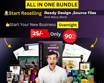 May include: A man is excited about a bundle of digital products for starting a new business. The bundle includes website templates, certificates, and other digital assets. The text on the image reads "All in One Bundle", "Start Reselling", "Ready Design, Source files", "Start Your New Business Overnight", "2$/- Only 90% Off", and "Krig Bundle".