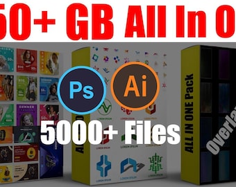 May include: Three boxes with different designs. The first box is blue and white and has the text "Banners Pack" on the side. The second box is yellow and has the text "Ps Ai 5000+ Files" on the front. The third box is yellow and black and has the text "ALL IN ONE Pack Overlays Packs" on the front.