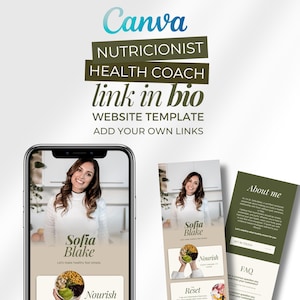 May include: A website template design for a nutritionist and health coach, featuring a smartphone mockup and additional promotional materials. The design includes the text "Canva," "link in bio," and "Website Template."