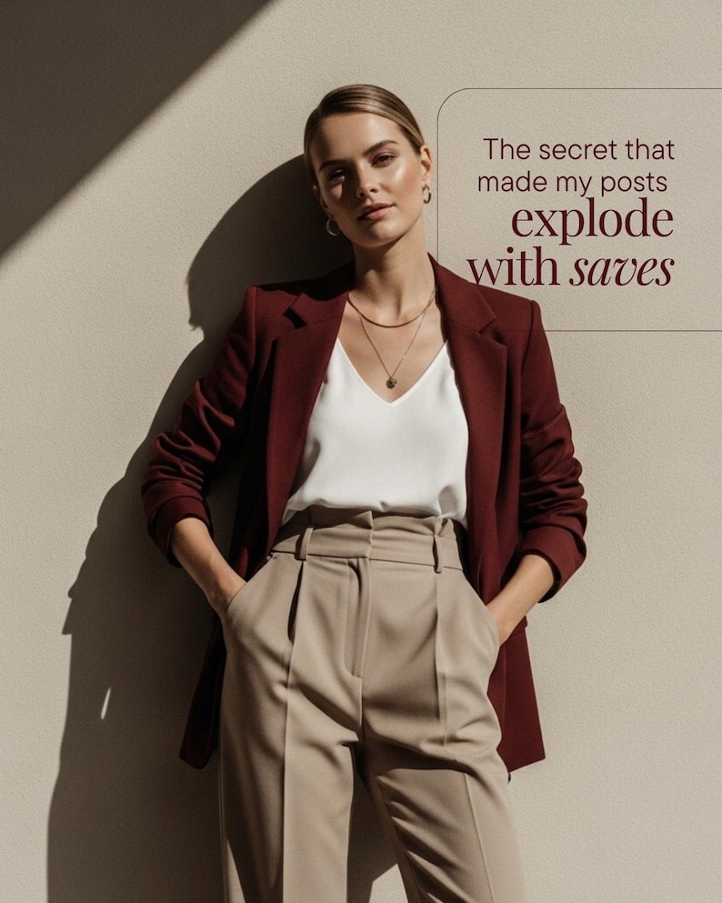 May include: A woman in a burgundy blazer, white top, and beige trousers. The image includes the text: "The secret that made my posts explode with saves."