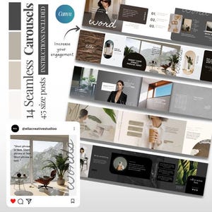 Può includere: Un set di modelli di design digitale con 14 post carosello senza soluzione di continuità, comprese le istruzioni. Il design presenta un'estetica moderna con una tavolozza di colori neutri e include il logo Canva. Il testo include "Aumenta il tuo coinvolgimento".