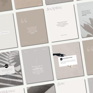 Puede incluir: Una colección de tarjetas con temática de cuidado de la piel con citas inspiradoras y texto. Las tarjetas presentan una paleta de colores neutros de beige, gris y blanco. Las tarjetas tienen texto como "disciplina", "brillo" y "confianza".