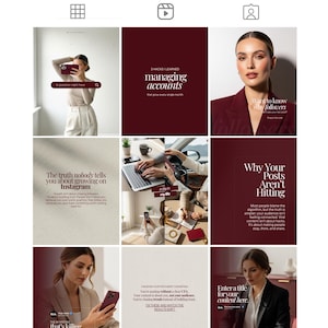 May include: A collection of Instagram posts in a burgundy and cream colour scheme. The posts contain text related to social media marketing, such as "managing accounts" and "Why Your Posts Aren't Hitting." Other posts show a person using a laptop and a person holding a phone.