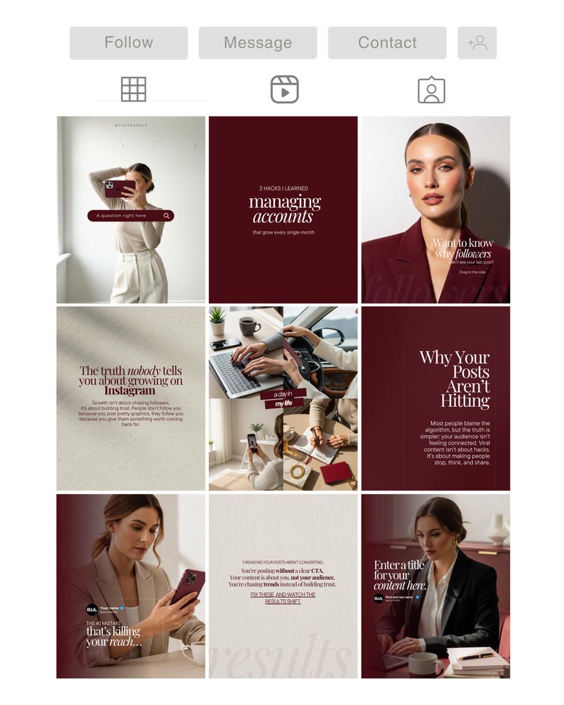 May include: A collection of Instagram posts in a burgundy and cream colour scheme. The posts contain text related to social media marketing, such as "managing accounts" and "Why Your Posts Aren't Hitting." Other posts show a person using a laptop and a person holding a phone.