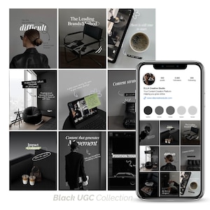 Op de afbeelding: Een verzameling zwart-wit social media posts met tekstoverlays. De posts bevatten afbeeldingen van een stoel, een laptop, koffie en een telefoon met een Instagram profiel. De tekst bevat zinnen als "moeilijk" en "Black UGC Collection."