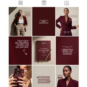 May include: A social media grid with burgundy-themed images. The images include text like "explode with saves", "keyword right here", and "a little more about me". There are also images of a notebook and people.