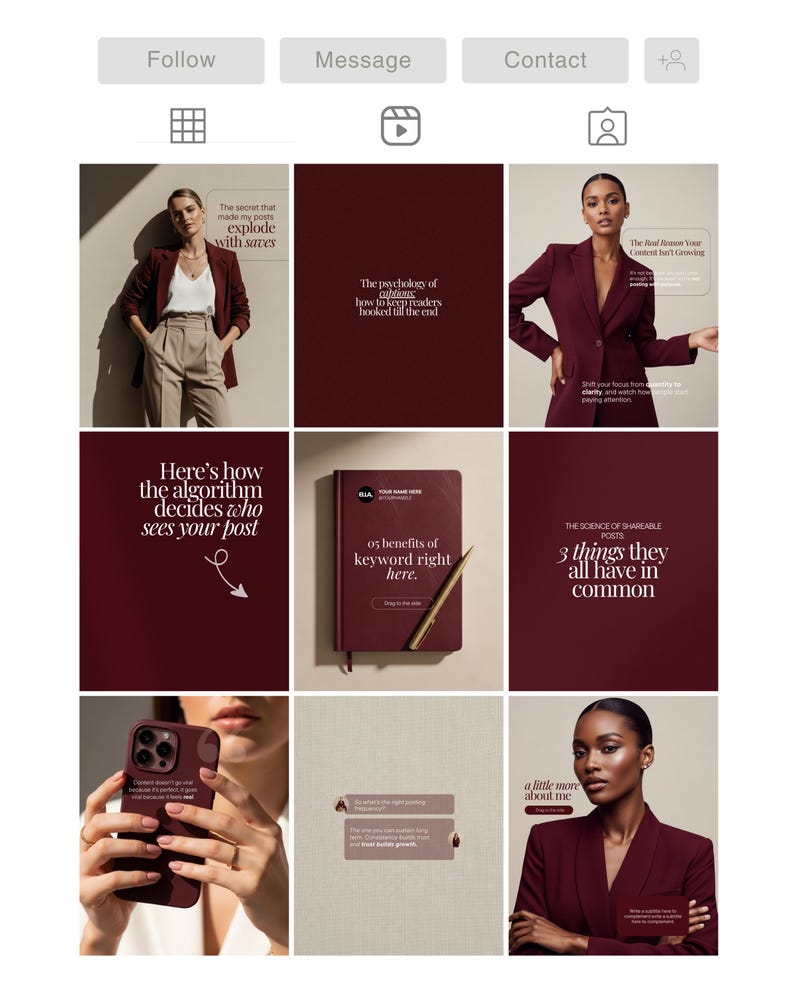 May include: A social media grid with burgundy-themed images. The images include text like "explode with saves", "keyword right here", and "a little more about me". There are also images of a notebook and people.