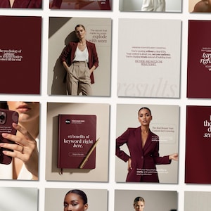 May include: A series of images in a burgundy colour palette. The images include text, a notebook, a pen, and people wearing burgundy blazers. The text includes phrases such as "Want to know why followers", "05 benefits of keyword right here", and "The Real Reason Your Content Isn't Growing".