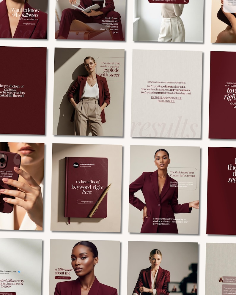 May include: A series of images in a burgundy colour palette. The images include text, a notebook, a pen, and people wearing burgundy blazers. The text includes phrases such as "Want to know why followers", "05 benefits of keyword right here", and "The Real Reason Your Content Isn't Growing".