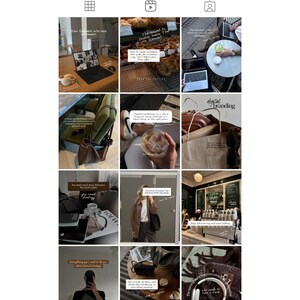 May include: Instagram grid featuring lifestyle and business-related content. Images include a laptop, coffee, pastries, a bag, and text overlays with phrases like "digital branding" and "The secret to Online Sales That Convert."