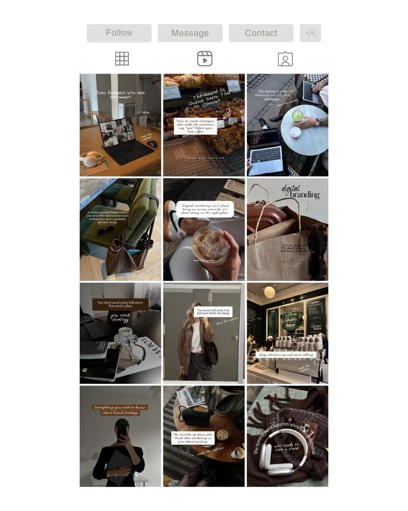 May include: Instagram grid featuring lifestyle and business-related content. Images include a laptop, coffee, pastries, a bag, and text overlays with phrases like "digital branding" and "The secret to Online Sales That Convert."