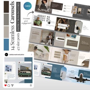 May include: A digital design template for social media carousels. The design includes 14 seamless carousel posts in a 4:5 size, with instructions included. The color palette features shades of brown, grey, and blue. The template is designed to increase engagement.