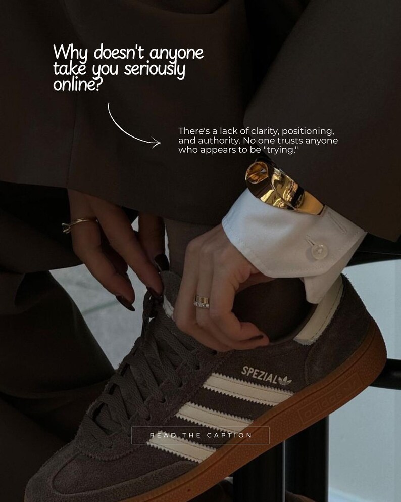 May include: A close-up of a person's hands and a gray Adidas Spezial sneaker with white stripes and a brown sole. The image includes text: "Why doesn't anyone take you seriously online?" and "READ THE CAPTION."