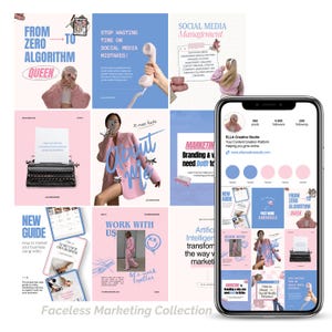 May include: A set of pink and blue social media marketing templates, including guides and posts. Text includes phrases such as "From Zero to Algorithm Queen," "Social Media Mistakes," and "Work With Us." A smartphone displays a profile.