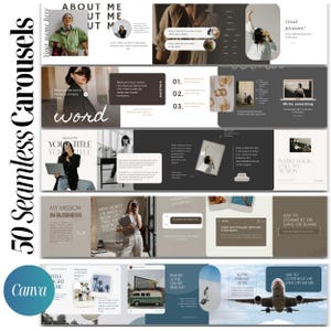 May include: A digital design template set of 50 seamless carousels. The design includes various layouts with text and image placeholders, a Canva logo, and a colour palette of white, grey, and teal.