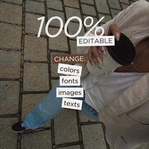 May include: Image featuring the text "100% EDITABLE" and "CHANGE: colors, fonts, images, texts." A person is holding a coffee cup with the word "coffee" on it. The person is wearing a white shirt, blue jeans, and a light-colored jacket.