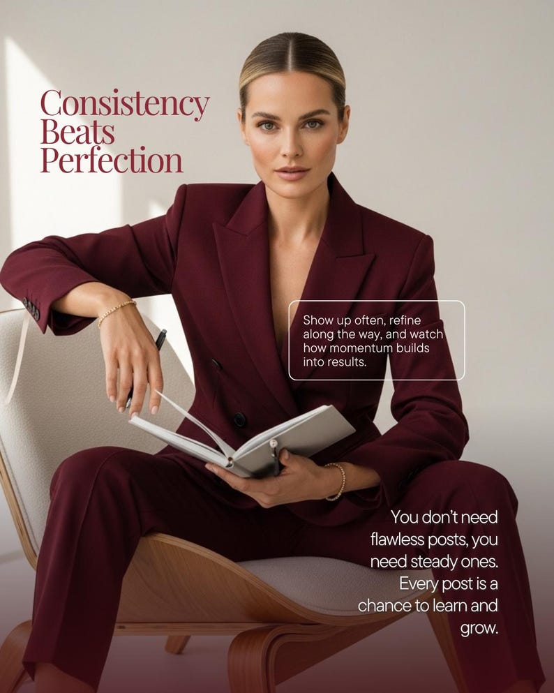May include: A woman in a burgundy suit sits in a chair, holding an open notebook. The text "Consistency Beats Perfection" is at the top. Additional text reads "Show up often, refine along the way, and watch how momentum builds into results."