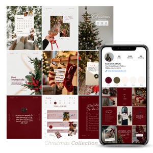 Puede incluir: Un collage de publicaciones y gráficos navideños para redes sociales. Las imágenes incluyen un árbol de Navidad decorado, calcetines festivos, un calendario y un teléfono que muestra un perfil de redes sociales. El texto "Christmas Collection" está en la parte inferior.