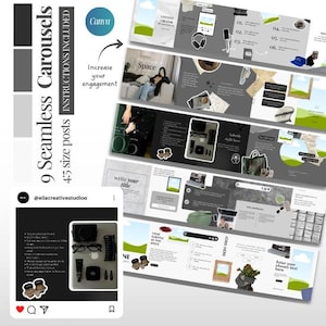 May include: A digital product featuring a Canva template for Instagram carousels. The design includes various layouts with text and image placeholders, and the text "9 Seamless Carousels" and "4:5 size posts" are visible. The template is designed to increase engagement.