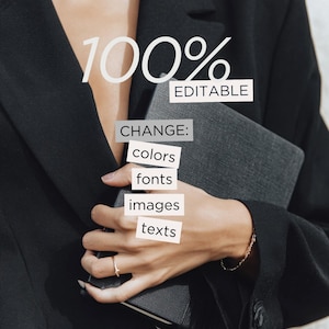 May include: A person wearing a black blazer holds a dark grey notebook. The image includes the text "100% EDITABLE" and "CHANGE: colours, fonts, images, texts." The brand name "ella." is in the bottom right corner.
