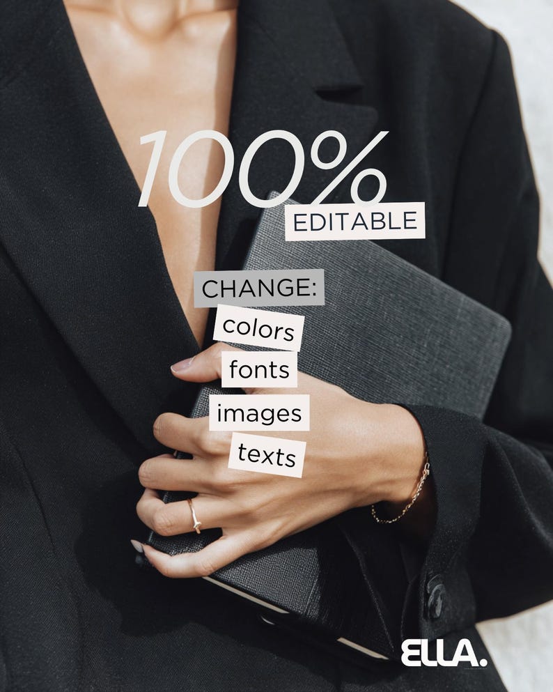 May include: A person wearing a black blazer holds a dark grey notebook. The image includes the text "100% EDITABLE" and "CHANGE: colours, fonts, images, texts." The brand name "ella." is in the bottom right corner.