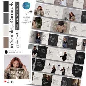 Könnte beinhalten: Ein digitales Produkt mit 10 nahtlosen Karussellvorlagen für Instagram, mit Beiträgen in der Größe 4:5. Das Design zeigt eine Frau und Text mit der Aufschrift "Is your brand connecting or confusing?" und "Increase your engagement."
