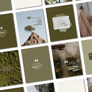 May include: A collection of motivational quote prints in various colors. Each print features a quote in a clean, modern font, with a minimalist design. The quotes cover topics like habits, action, and self-care.