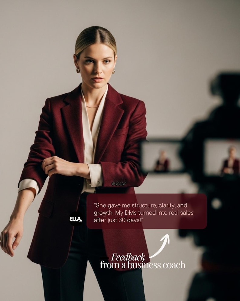 May include: A woman in a burgundy blazer and white blouse, with black trousers, stands in front of a camera. Text on the image reads "She gave me structure, clarity, and growth. My DMs turned into real sales after just 30 days!" and "Feedback from a business coach."