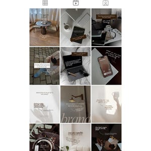 May include: A grid of Instagram posts featuring lifestyle and branding content. Images include a laptop, coffee cup, phone, and text overlays with phrases like "You need a plan" and "Branding is what sets you apart."