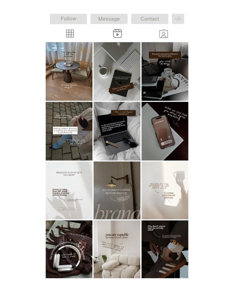 May include: A grid of Instagram posts featuring lifestyle and branding content. Images include a laptop, coffee cup, phone, and text overlays with phrases like "You need a plan" and "Branding is what sets you apart."
