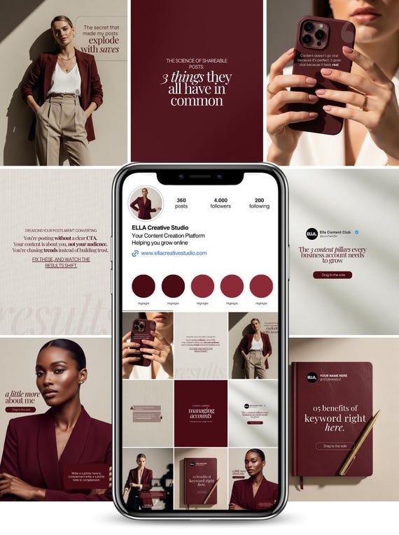 Burgundy Instagram Templates: Social Media Manager Canva Bundle (Digital Download)
