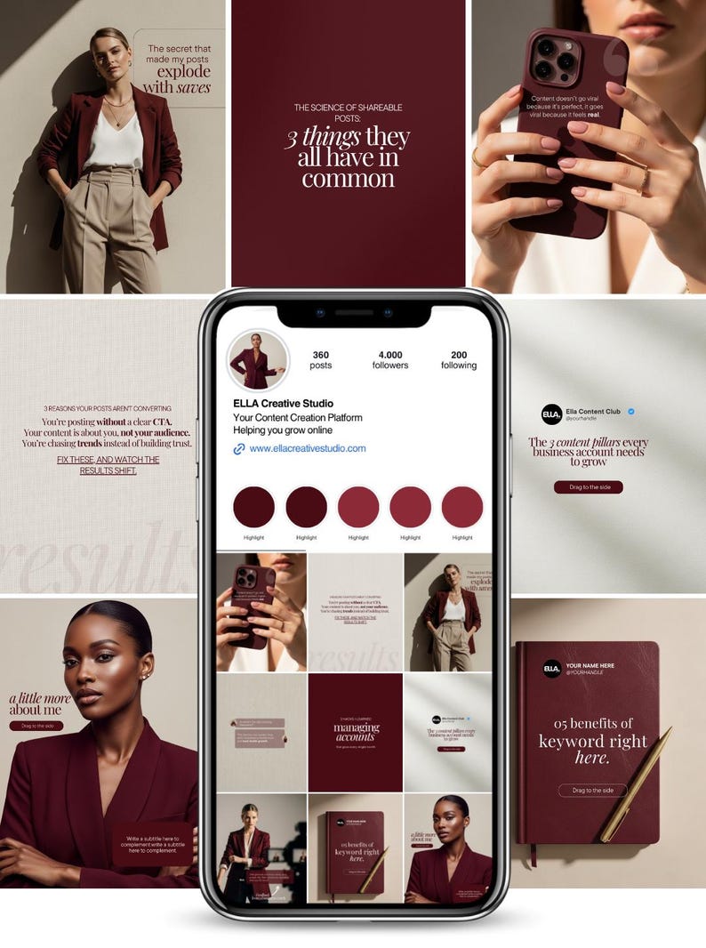 Burgundy Instagram Templates: Social Media Manager Canva Bundle (Digital Download)