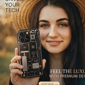 Könnte beinhalten: Eine Smartphone-Hülle mit transparentem Design, das interne elektronische Komponenten wie Leiterplatten und Metallplatten zeigt. Der Text UNVEIL YOUR TECH, FEEL THE LUXURY WITH PREMIUM DESIGN und SHOP NOW ist auf dem Bild zu sehen.