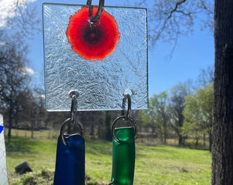 Chunky Eye of Jupiter repurposed glass sun chain in earth colors glows warmly in sunlight