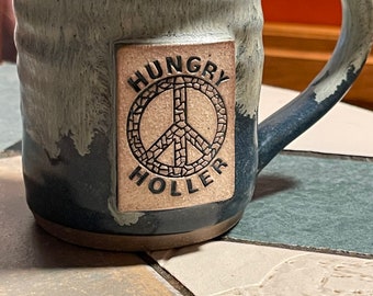 Hand Thrown Peace Sign Logo Mug, Peace Sign Mug, Hungry Holler Peace Sign Mug