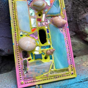 Mosaic Mirror Light Switch Cover: Sea Shells, Vintage Glass Wall Art