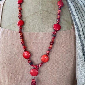 Red Beads Long Necklace with Pendant Natural Stone