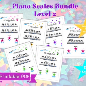 May include: Printable PDF piano scales bundle for level 2. The bundle includes 18 pages with 15 keys. The pages feature a piano keyboard with notes and finger numbers for each scale. The scales included are A Major, C Major, D Major, Eb Major, F Minor.