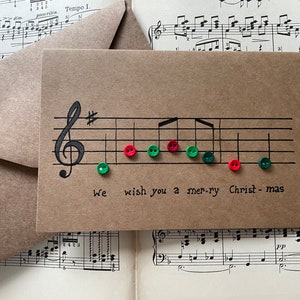 Christmas Card Hand Made Music Design Buttons Brown Kraft Card 4x6 Blank with Envelope