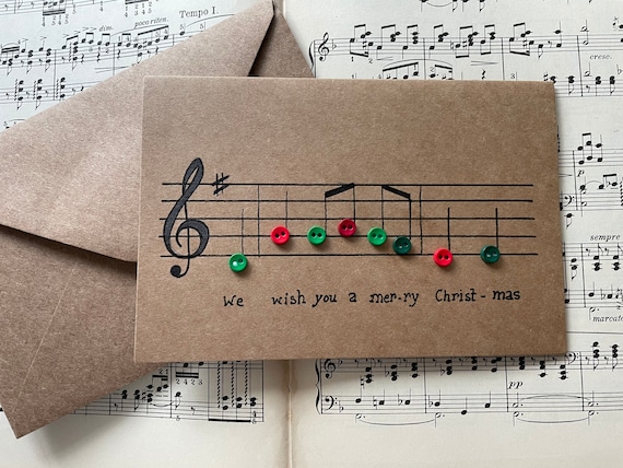 Christmas Card Hand Made Music Design Buttons Brown Kraft Card 4x6 Blank with Envelope