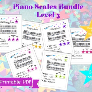 Puede incluir: Paquete de escalas de piano imprimibles para el nivel 3, con 24 teclas. El paquete incluye escalas para Gb(F#), C, F, Bb, D menor y A mayor. Cada escala tiene un diagrama de teclado, marcas de metrónomo y espacio para pegatinas de estrellas.
