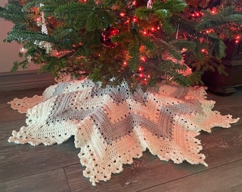 Christmas Tree Skirt Snowflake Chevron White Silver Crochet