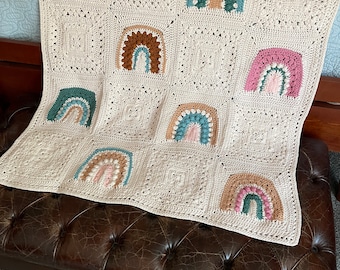 Boho Rainbow Granny Square Blanket Crochet Pattern PDF Digital Download