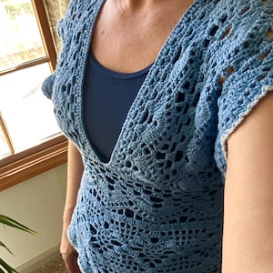 Lacy V Neck Blue Cotton Crochet Top with Flutter Sleeves
