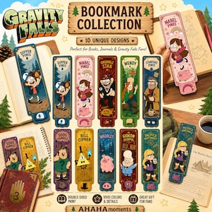 Może przedstawiać: Kolekcja dziesięciu prostokątnych zakładek do książek z postaciami z Gravity Falls, w tym Dipper Pines, Mabel Pines, Grunkle Stan, Wendy, Stanford Pines, Soos Ramirez, Bill Cipher, Waddles, Gideon Gleeful i Pacifica Northwest z kolorowymi ilustracjami.