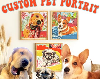 May include: Four framed paintings of dogs, three are of different breeds, one is a repeated image of a corgi. The paintings are on a white wall with the text "CUSTOM PET PORTRIT" in orange and blue letters above the paintings. There are three dogs in the foreground, a golden retriever, a corgi, and a small brown and white dog.