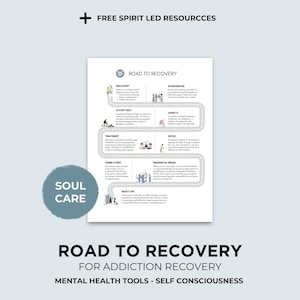 Op de afbeelding: Een printbare infographic met de titel "Road to Recovery" met een kleurrijke illustratie van een weg met stappen voor herstel van verslaving. De stappen omvatten ontdekking, hulp accepteren, behandeling, nuchter leven, genieten van het leven, interventie, toegeven, detox, residentiële revalidatie. De infographic bevat ook de tekst "Soul Care" in een cirkel.