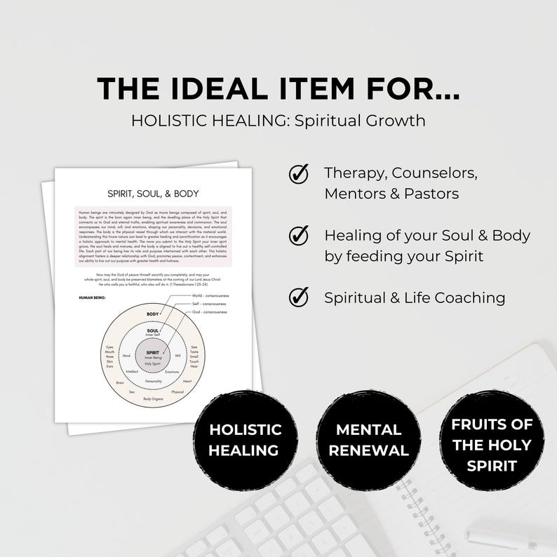 May include: A white document with text about spirit, soul, and body, with a diagram of the human being. The text reads "The Ideal Item For... Holistic Healing: Spiritual Growth". Additional text includes "Therapy, Counselors, Mentors & Pastors".